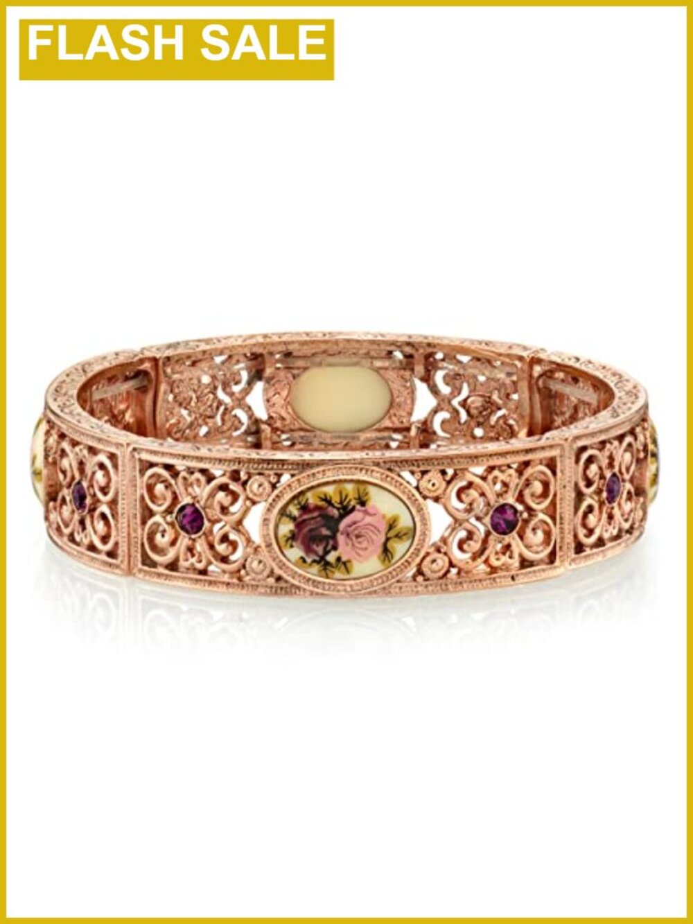 Rose Gold Tone Filigree Stretch Bracelet Purple Crystal USA 7 In